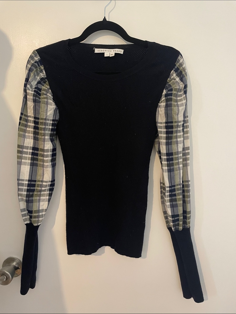 Veronica Beard darkest navy Knit Top with Plaid Puff Sleeves in Olive and Navy